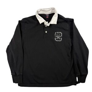 Rowing Blazers Black Long Sleeve Rugby Shirt Skull Crossbones Logo White Collar